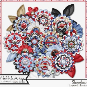 Shoreline Layered Flowers, Digital Scrapbooking Kit, Elements, Embellishments