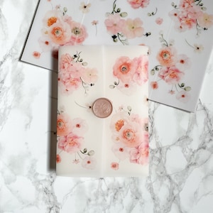 Blush Pink and Peach Floral Vellum Jacket, 5x7 Vellum Wedding Invitation, Pink & Peach Vellum Wrap, Spring Flower Wrap for DIY Invitation