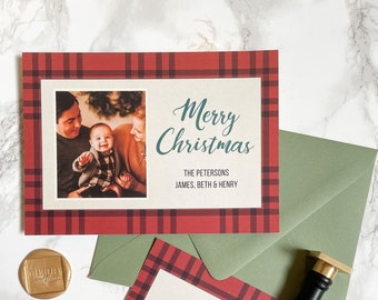 Red Plaid Christmas Card Template, Minimalist Holiday Card Design Template, Simple Flannel Editable Holiday Card, DIY Christmas Download