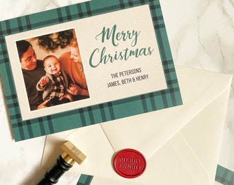 Green Plaid Christmas Card Template, Minimalist Holiday Card Design Template, Simple Flannel Editable Holiday Card, DIY Christmas Download