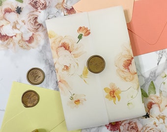 Peach Floral Vellum Jacket, 5x7 Vellum Wedding Invitation, Coral and Peach Vellum Wrap, Spring Flower Printed Scored Wrap for DIY Invitation