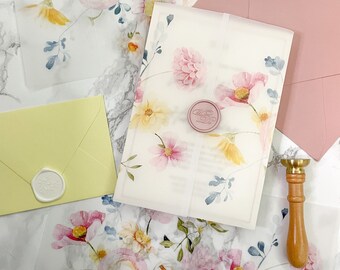 Pink Spring Floral Vellum Jacket, 5x7 Vellum Wedding Invitation, Pink & Yellow Vellum Wrap, Flower Printed Scored Wrap for DIY Invitation