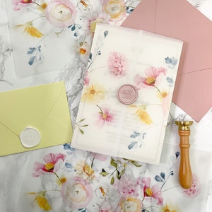 Pink Spring Floral Vellum Jacket, 5x7 Vellum Wedding Invitation, Pink & Yellow Vellum Wrap, Flower Printed Scored Wrap for DIY Invitation