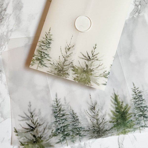 Christmas Tree Printed Wrap for DIY Invitations, Evergreen Vellum Wrap, 5x7 Vellum Holiday Card, Rustic Vellum Jacket, Winter Vellum, Woods