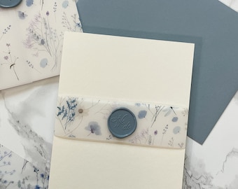 Blue Wildflower Vellum Belly Band, 1.5" Vellum Jacket for 5x7 Wedding Invites, Clear floral Printed Wrap for DIY Invitations, Scored Vellum