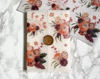 Fall Floral Vellum Wrap, 5x7 Vellum Wedding Invitation, burgundy Fall Vellum Jacket, Burnt Orange Autumn Printed Wrap for DIY Invitations
