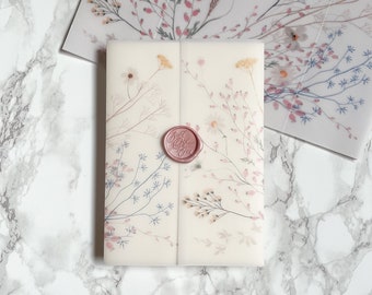 Pink Wildflower Vellum Jacket, 5x7 Vellum Wedding Invitation, Clear floral Printed Wrap for DIY Invitations, Scored Vellum