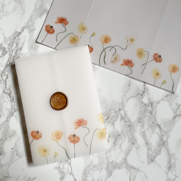 Row of Poppies Floral Vellum Jacket, 5x7 Vellum Wedding Invitation, Flower Printed Scored Wrap for DIY Invitation