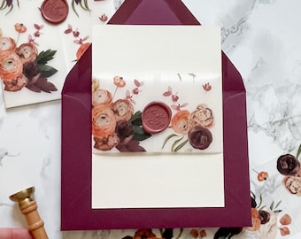 Fall Floral Vellum Belly Band, 3" Vellum Jacket for 5x7 Wedding Invites, Burgundy & Burnt Orange Autumn Printed Wrap for DIY Invitations