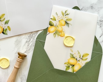 Lemon Vellum Wrap, 5x7 Vellum Wedding Invitation, Italy Wedding Invite Vellum Jacket, Clear Printed Wrap for DIY Invitations, Scored Vellum