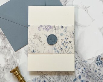Blue Wildflower Vellum Belly Band, 5x7 Vellum Wedding Invitation Jacket, Clear floral Printed Wrap for DIY Invitations, Scored Vellum