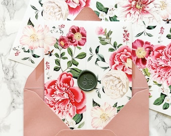 Vintage Floral Wedding Invitation Jacket, 5x7 Vellum Wedding Invitation, Pink Flower Printed Wrap for DIY Invite, Cream and White Gate Fold