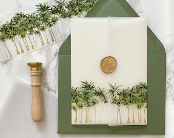 Palm Tree Vellum Wrap, 5x7 Vellum Wedding Invitation, Tropical Beach Vellum Jacket, Destination Wedding Printed Wrap for DIY Invitations