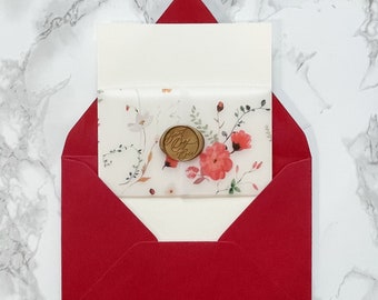 Red Wildflower Vellum Belly Band, Red 3" Vellum Jacket for 5x7 Wedding Invite, Clear Floral & Berry Scored Vellum Wrap for DIY Invitations