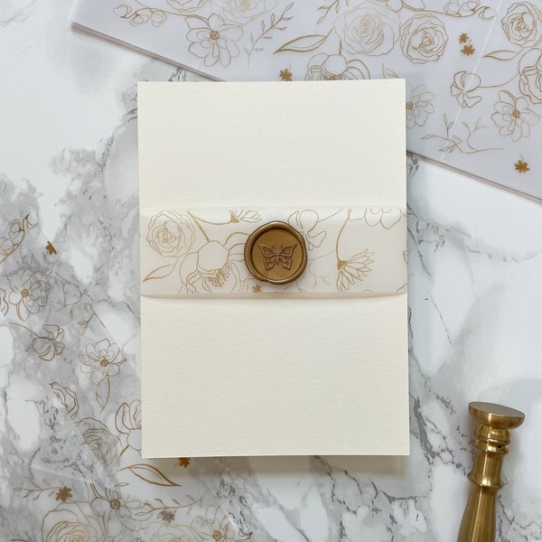 Faux Gold Floral Vellum Belly Band, 5x7 Vellum Wedding Invitation Band, Clear floral Printed Wrap for DIY Invitations, Scored Vellum Jacket