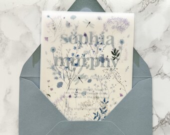 Blue Wildflower Vellum Overlay, 5x7 Vellum Wedding Invitation, Clear Dusty Blue floral Printed sheet for DIY Invites, Vellum Sheet or Insert