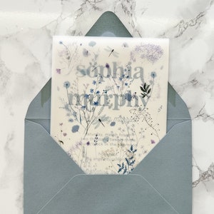 Blue Wildflower Vellum Overlay, 5x7 Vellum Wedding Invitation, Clear Dusty Blue floral Printed sheet for DIY Invites, Vellum Sheet or Insert