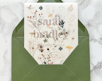 Neutral Wildflower Vellum Overlay, 5x7 Vellum Wedding Invitation, Butterfly and Bee Floral Printed Sheet for DIY Invites, Tan Garden Vellum