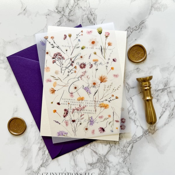 Purple Wildflower Vellum Overlay, 5x7 Vellum Wedding Invitation, Clear Neutral floral Printed sheet for DIY Invites, Vellum Sheet or Insert