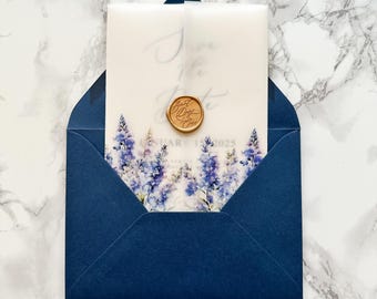 Blue floral Vellum Jacket, 5x7 Vellum Wedding Invitation, Clear Delphinium Floral Printed Wrap for DIY Invitations, Scored Vellum wrap