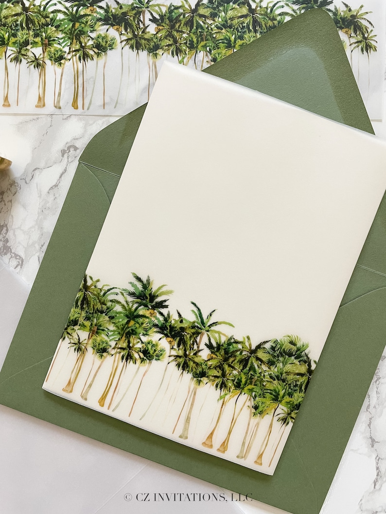 Palm Tree Vellum Wrap, 5x7 Vellum Wedding Invitation, Tropical Beach Vellum Jacket, Destination Wedding Printed Wrap for DIY Invitations image 5