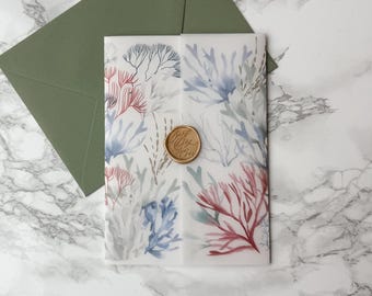 Coral Vellum Wrap, 5x7 Ocean Theme Vellum Wedding Invitation, Tropical Beach Vellum Jacket, Destination Wedding Printed Wrap for DIY Invites