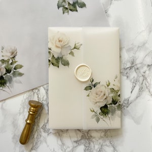 White Rose Floral Vellum Jacket, 5x7 Vellum Wedding Invitation, Garden Roses Vellum Wrap, Flower Printed Scored Wrap for DIY Invitation