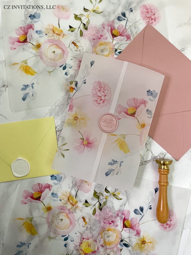 Pink Spring Floral Vellum Jacket 5x7 Vellum Wedding Etsy