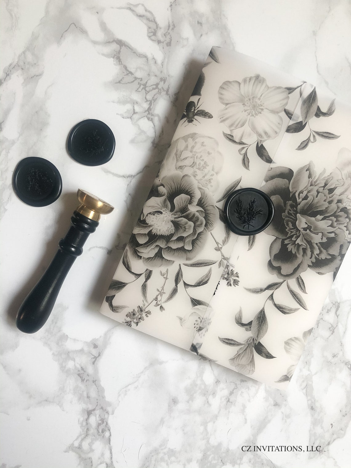 Floral Vellum Wrap 5x7 Vellum Wedding Invitation Black and Etsy