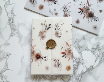 Neutral Fall Wildflower Vellum Jacket, 5x7 Vellum Wedding Invitation, Tan and Brown floral Printed Wrap for DIY Invitations, Scored Vellum