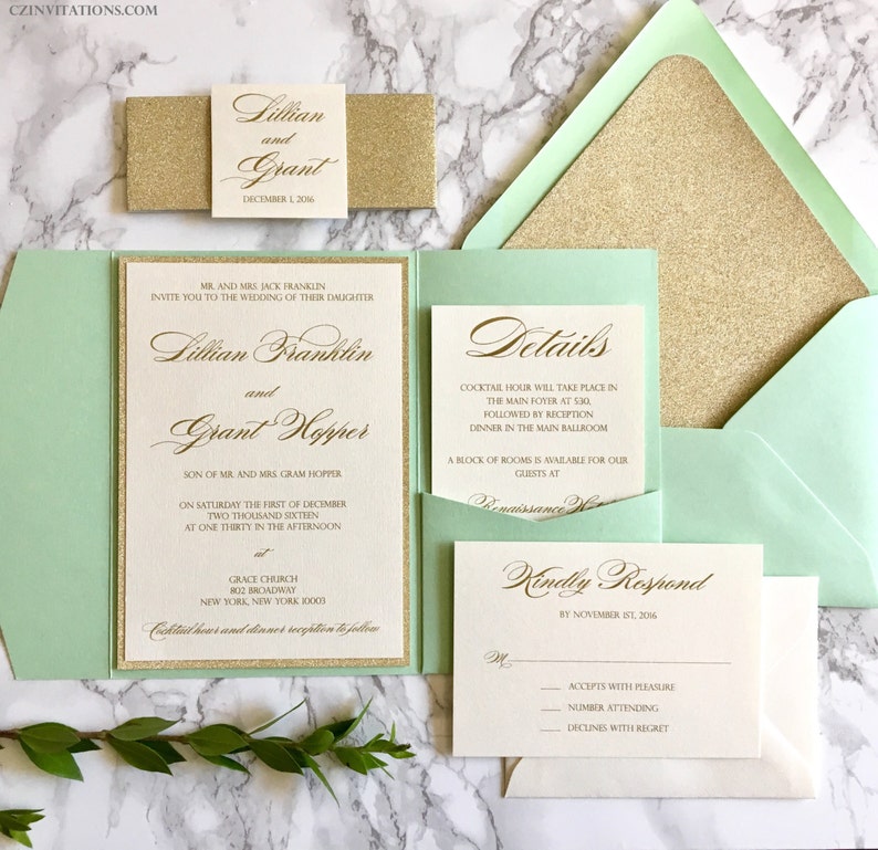 Mint And Gold Glitter Pocket Wedding Invitations With Glitter Etsy