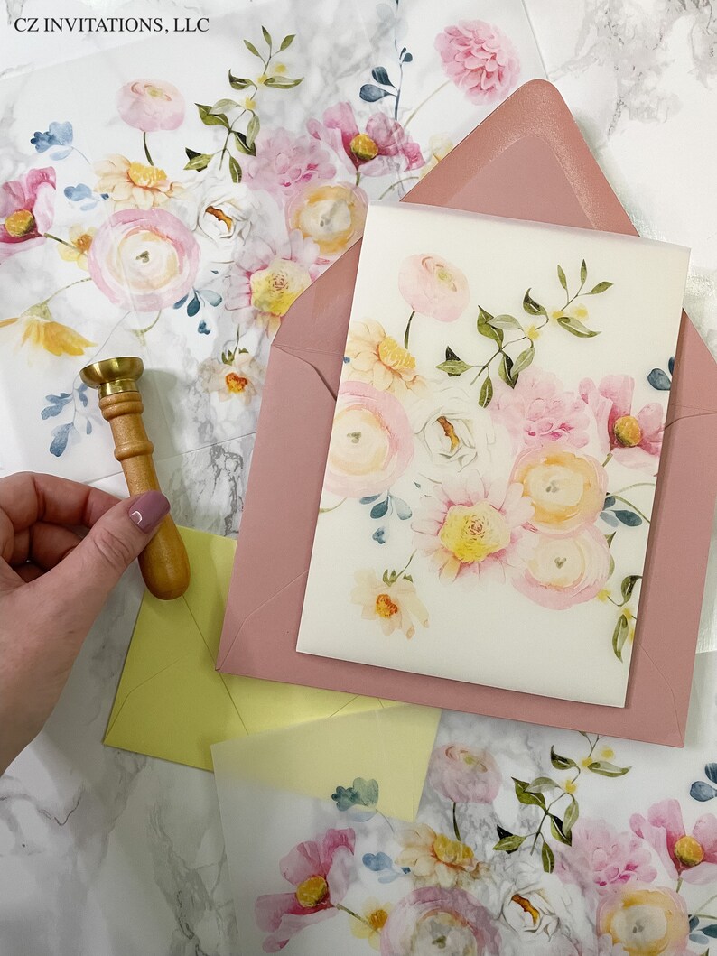 Pink Spring Floral Vellum Jacket 5x7 Vellum Wedding Etsy