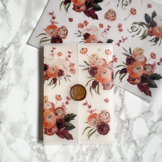 Fall Floral Vellum Wrap, 5x7 Vellum Wedding Invitation, burgundy Fall Vellum Jacket, Burnt Orange Autumn Printed Wrap for DIY Invitations