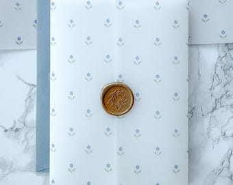 Simple Blue Floral Pattern Vellum Wrap, 5x7 Vellum Invitation, for Wedding or Baby Shower DIY Invites