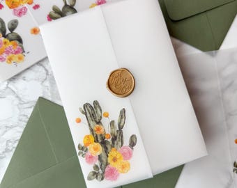 Desert Cactus Vellum Wrap, 5x7 Floral Cacti Vellum Wedding Invitation, Southwest Vellum Jacket, Boho Western Wedding Wrap for DIY Invites