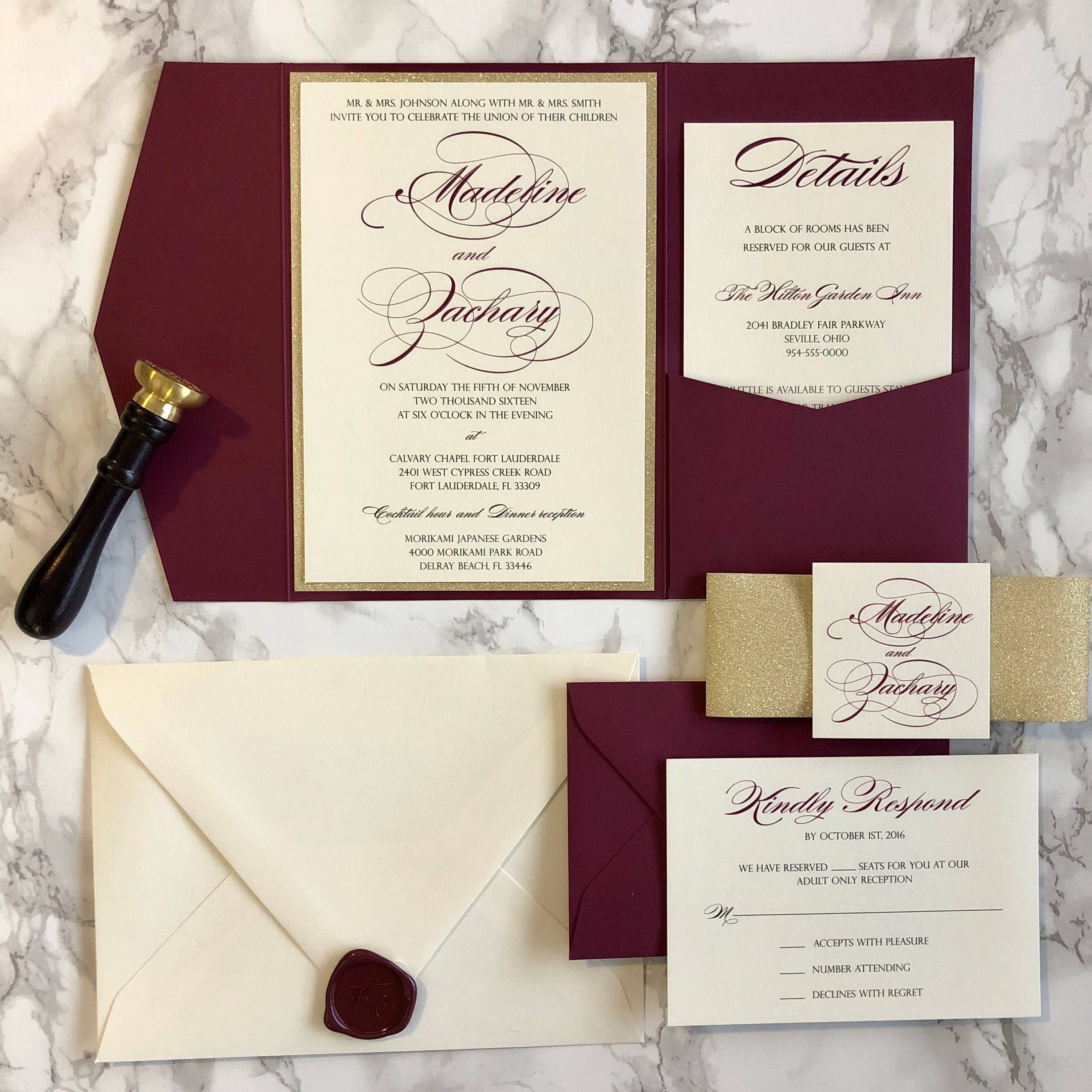 Burgundy Wedding Invitation Burgundy and Gold Glitter Pocket | Etsy