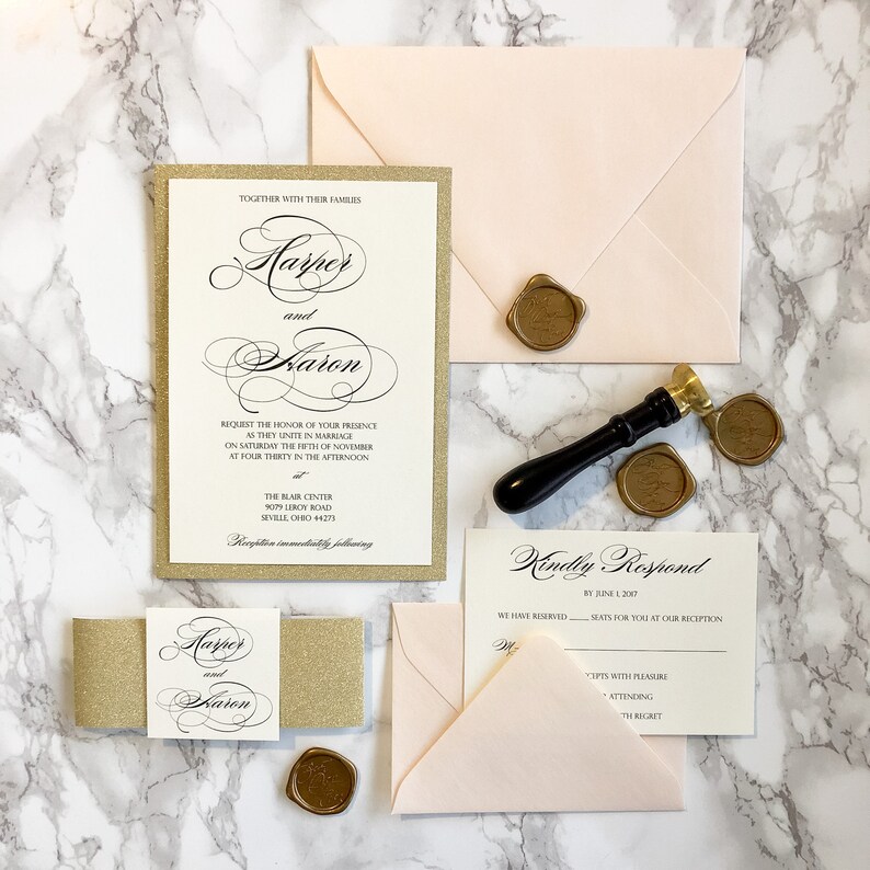Gold Glitter Wedding Invitation with Glitter Belly Band and | Etsy