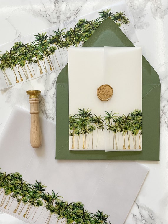 Palm Tree Vellum Wrap, 5x7 Vellum Wedding Invitation, Tropical Beach Vellum Jacket, Destination Wedding Printed Wrap for DIY Invitations