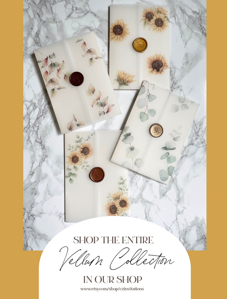 Sunflower and Eucalyptus Vellum Wrap, 5x7 Vellum Wedding Invitation, Rustic Vellum Jacket, Clear Flower Printed Wrap for DIY Invitations image 10