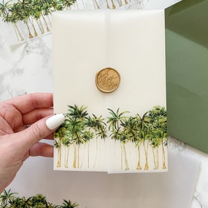 Palm Tree Vellum Wrap, 5x7 Vellum Wedding Invitation, Tropical Beach Vellum Jacket, Destination Wedding Printed Wrap for DIY Invitations image 3