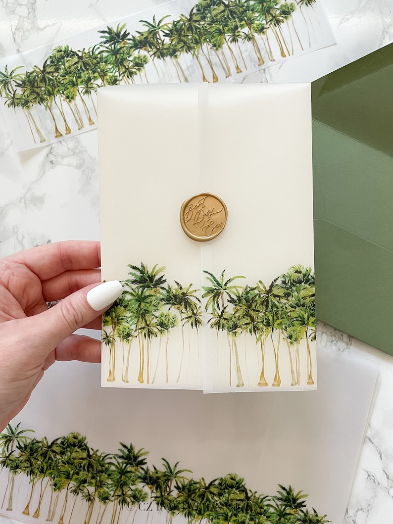 Palm Tree Vellum Wrap, 5x7 Vellum Wedding Invitation, Tropical Beach Vellum Jacket, Destination Wedding Printed Wrap for DIY Invitations image 3