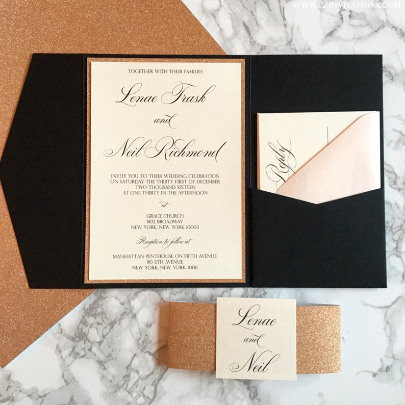 Rose Gold Glitter And Black Pocket Wedding Invitation Rose Etsy