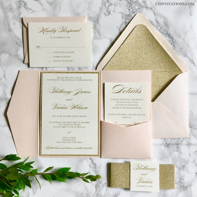 Blush And Gold Glitter Pocket Wedding Invitations With Glitter Etsy