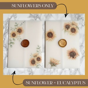 Sunflower and Eucalyptus Vellum Wrap, 5x7 Vellum Wedding Invitation, Rustic Vellum Jacket, Clear Flower Printed Wrap for DIY Invitations image 2