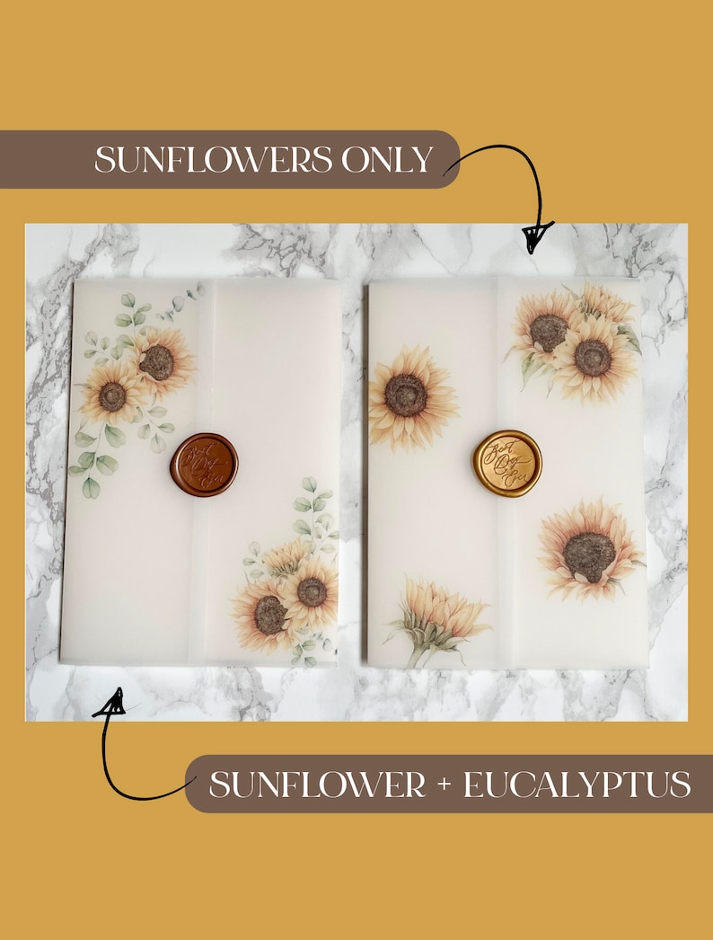 Sunflower and Eucalyptus Vellum Wrap, 5x7 Vellum Wedding Invitation, Rustic Vellum Jacket, Clear Flower Printed Wrap for DIY Invitations image 2