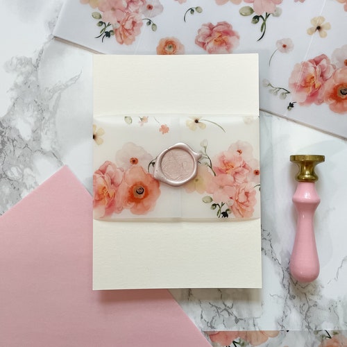 Blush Floral Vellum Belly Band, Pink 5x7 Vellum Wedding Invitation Jacket, Clear floral Printed Wrap for DIY Invitations, Scored Vellum Wrap