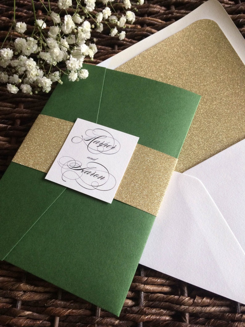 Green and Gold Glitter Pocket Wedding Invitation Glitter