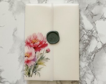 Pink Peony Spring Floral Vellum Jacket, 5x7 Vellum Wedding Invitation, Bright Pink Peonies Vellum Wrap for DIY Wedding Invite, Scored Vellum