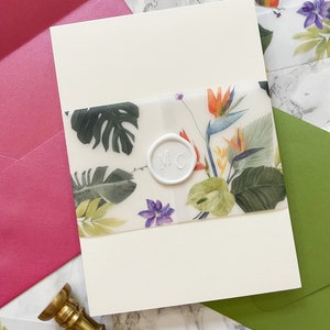 Tropical Vellum Belly Band, 3" Vellum for 5x7 Wedding, Destination Wedding Invite Vellum, Colorful Palm Leaves Wrap for DIY Invitations