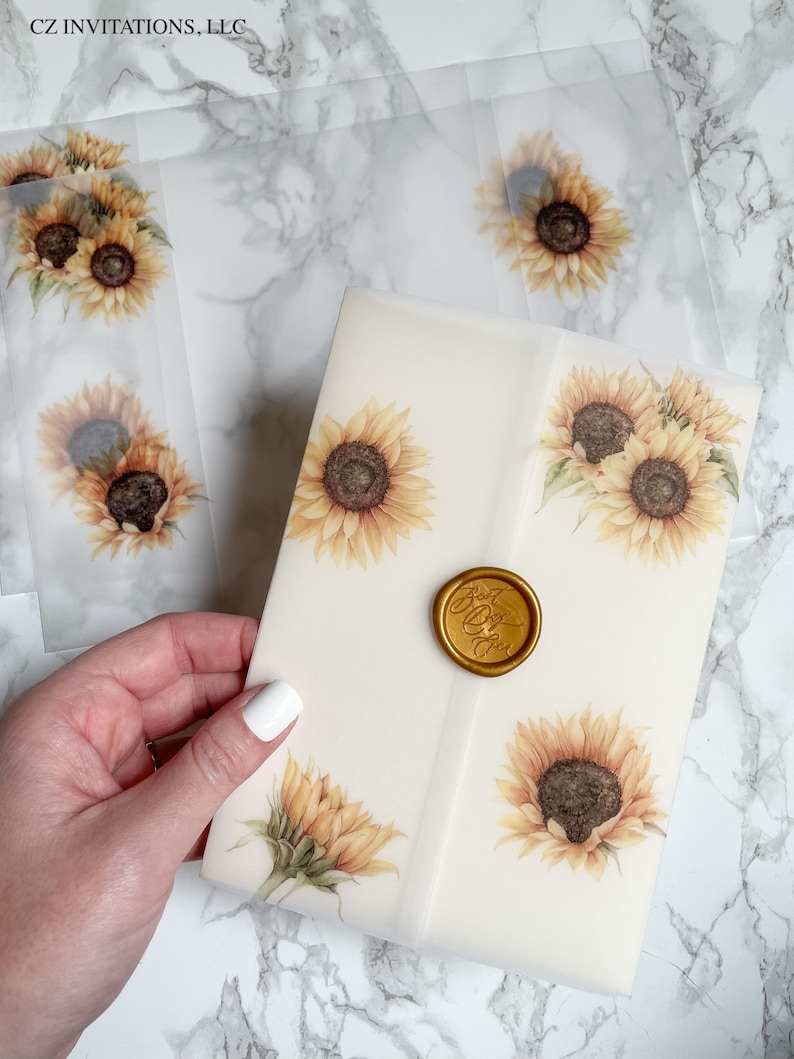 Sunflower and Eucalyptus Vellum Wrap, 5x7 Vellum Wedding Invitation, Rustic Vellum Jacket, Clear Flower Printed Wrap for DIY Invitations SUNFLOWER ONLY